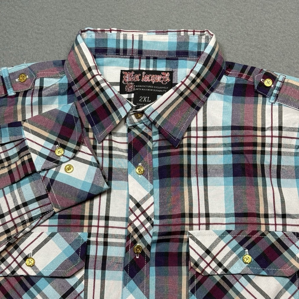 Blac Lacquer Shirt Mens 2XL XXL Madras Oxford Y2K Epaulette Gold Buttons Boho